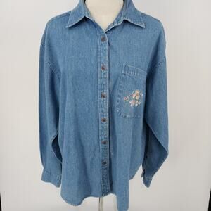 Hunt Club Womens Denim Long Sleeve Floral Embroidered Pocket Shirt Size L Cotton